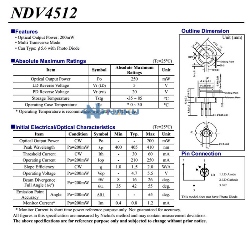 NICHIA 405nm 200mw NDV4512 blue violet Laser Diode