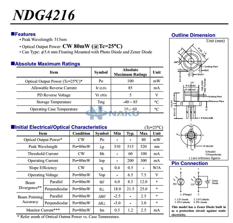 日亚 原装100mW 515nm/520nm 单模草绿激光二极管