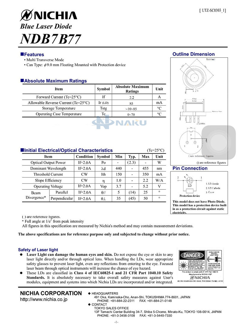 Nichia 450nm 2.3W blue laser diode NDB7B77